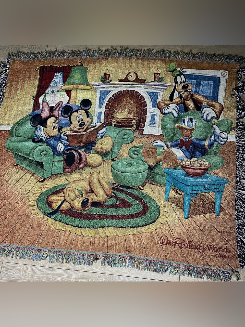 Vintage Disney World Woven Tapestry Blanket Mickey Minnie Goofy Donald Pluto